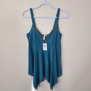 Sweet Pea Y2K Womens M Teal Mesh Gold Sequin Babydoll Cami Fairycore Hippie Boho